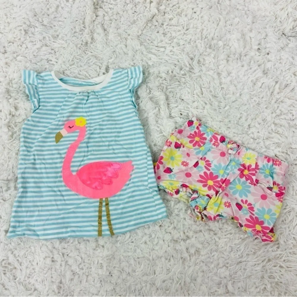 Carter's Blue and White Striped flamingo ruffle Top with pink floral shorts 3T - Picture 1 of 17